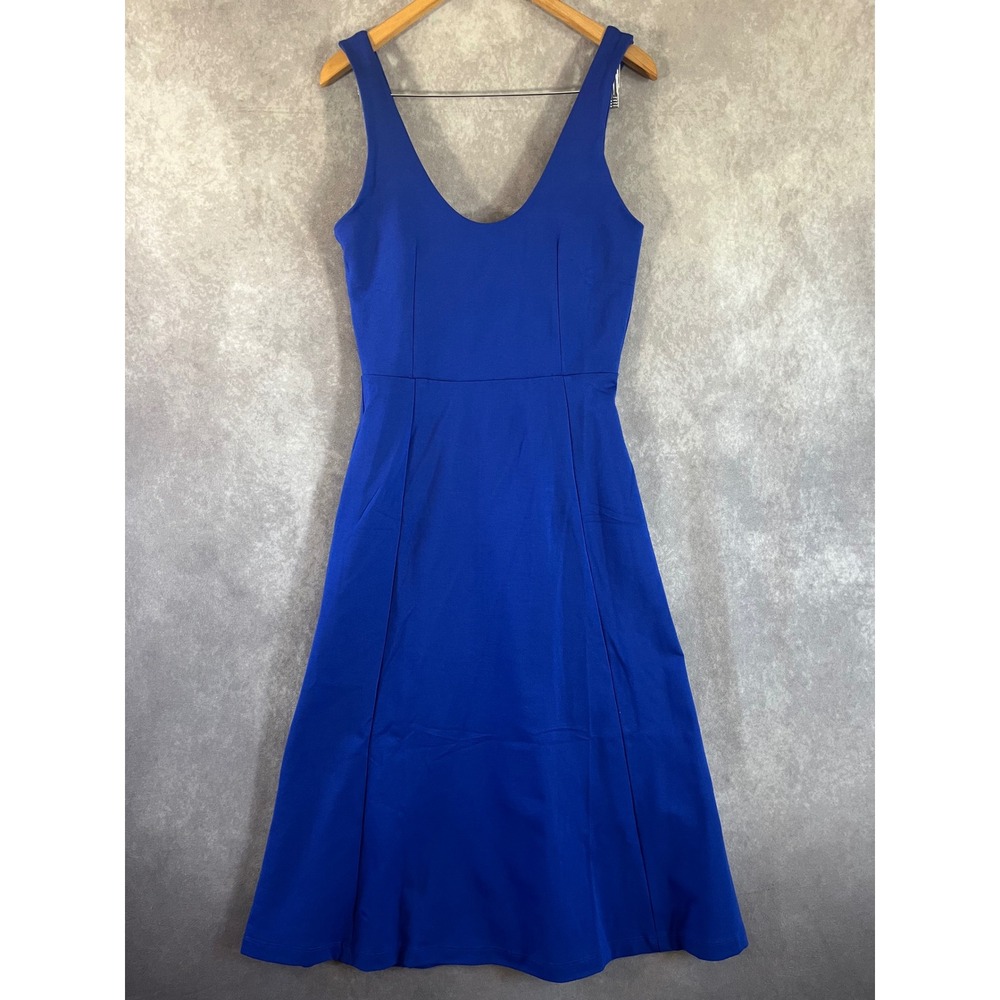 Ripley Rader Ponte Midi Dress Women 3 Medium Blue V-Neck Sleeveless Pockets NEW
